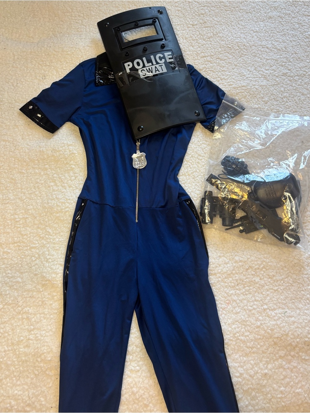 Women Blue Police SWAT Full Jumpsuit Costume with Shield and Accessories
